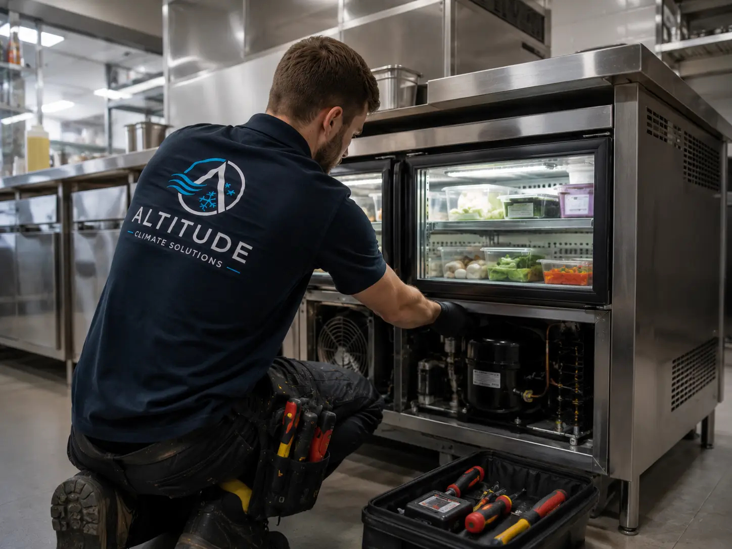 Commercial refrigeration equipment being installed by Altitude Climate Solutions.